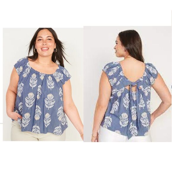 Old Navy top Womens 3X blue floral swing blouse cutout bow Boho Hawaiian Cottage - Picture 1 of 7
